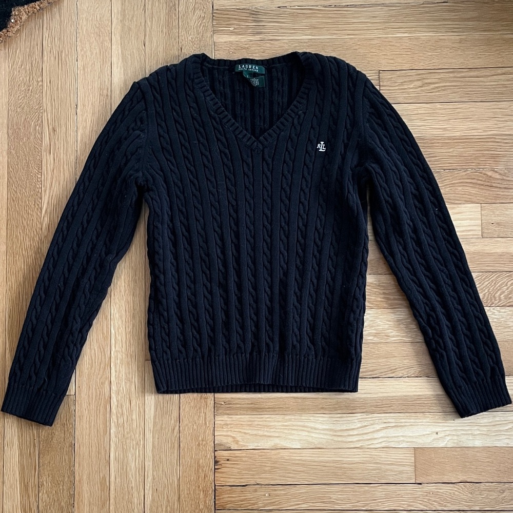 Ralph Lauren Black Cable-Knit V-Neck Sweater